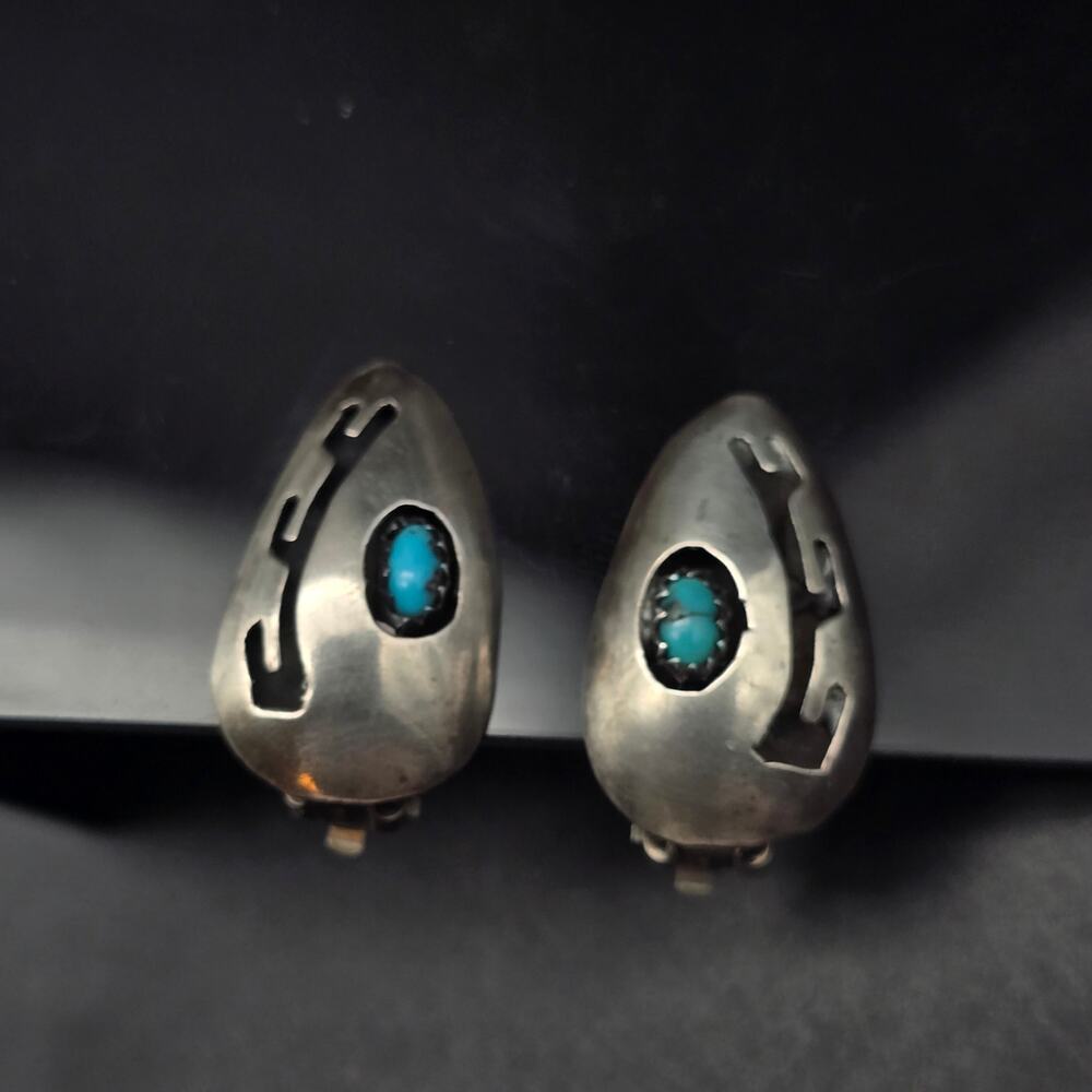 Vintage Sterling Silver Turquoise Clip On Earrings Tear Drop - Picture 5 of 8